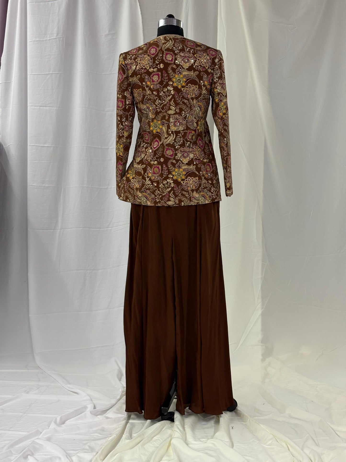 Embroidered Brown Jacket with Wide-Leg Trousers