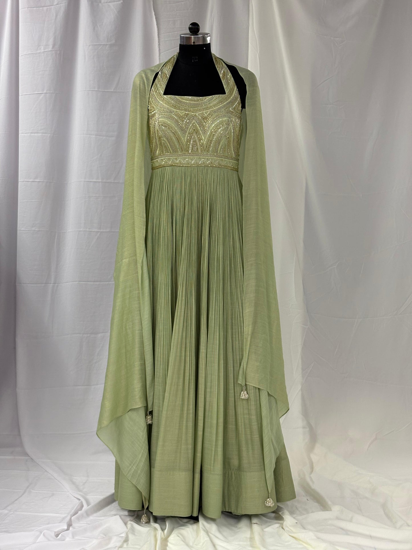 Olive Green Halter Anarkali Gown with Cape