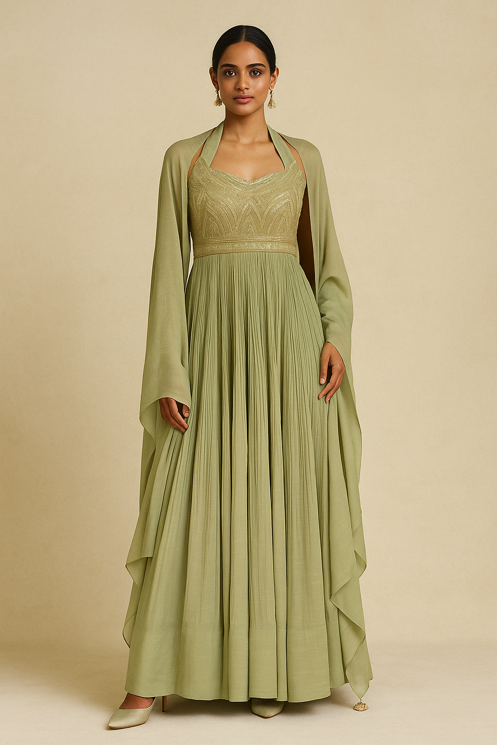 Olive Green Halter Anarkali Gown with Cape