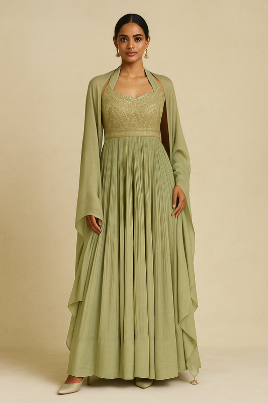 Olive Green Halter Anarkali Gown with Cape
