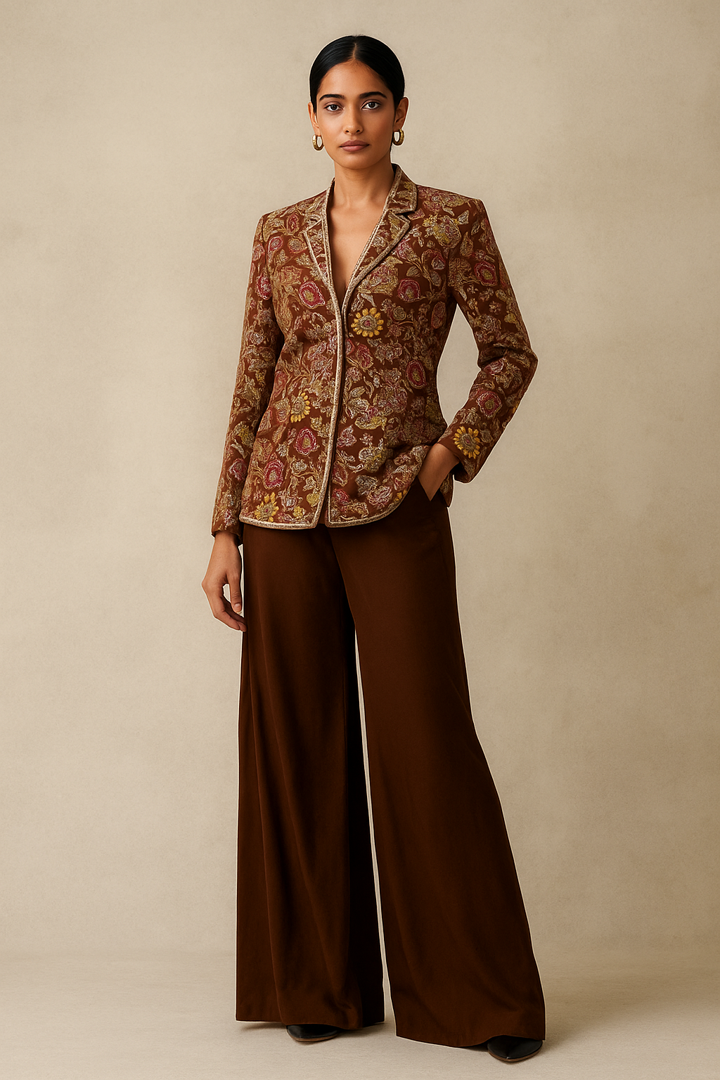 Embroidered Brown Jacket with Wide-Leg Trousers