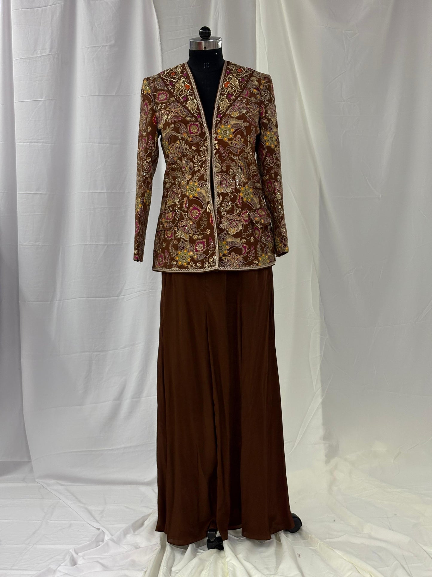 Embroidered Brown Jacket with Wide-Leg Trousers