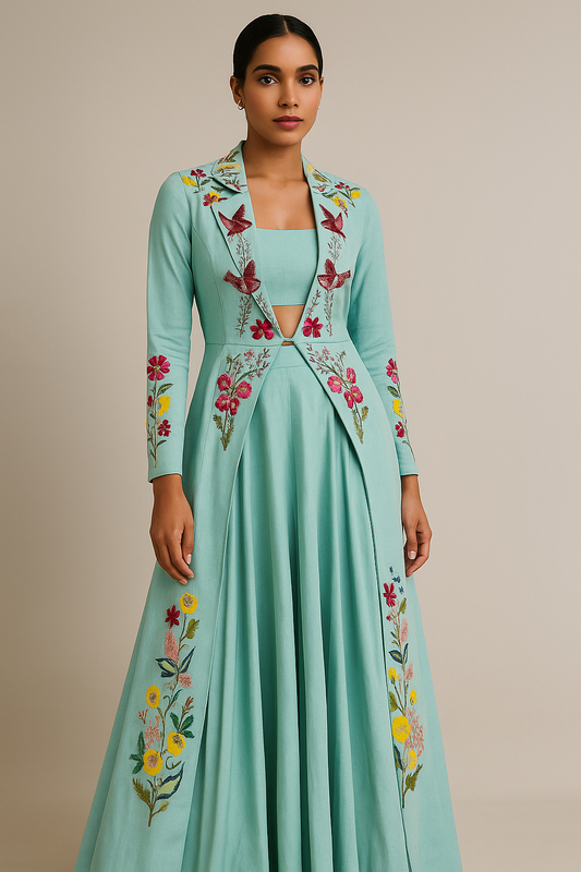 Mehfil Mint – Embroidered Longline Jacket Set