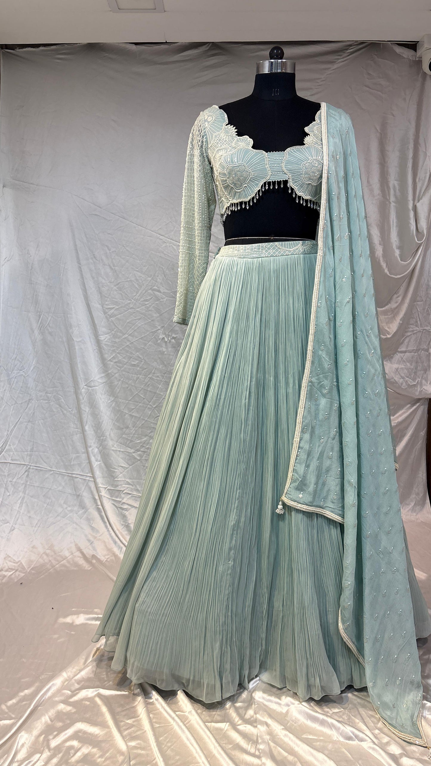 Aarvi Mint Green Embroidered Lehenga Set