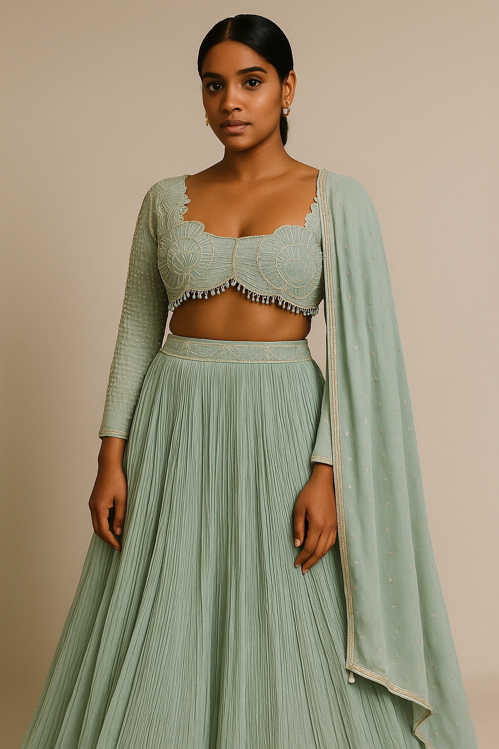 Aarvi Mint Green Embroidered Lehenga Set