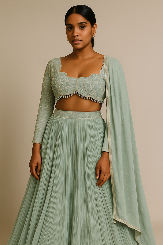 Aarvi Mint Green Embroidered Lehenga Set