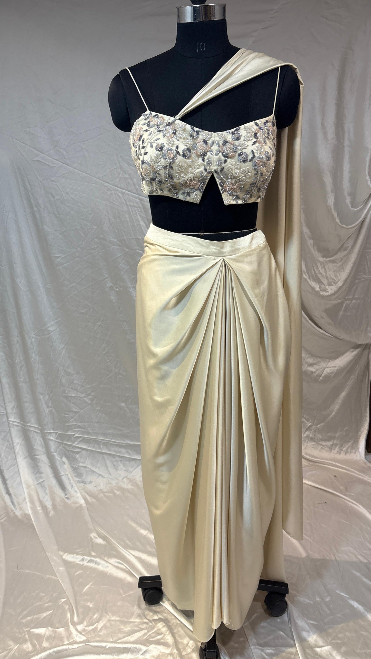Ishya Champagne Draped Saree Gown Set