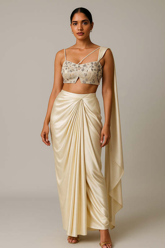 Ishya Champagne Draped Saree Gown Set