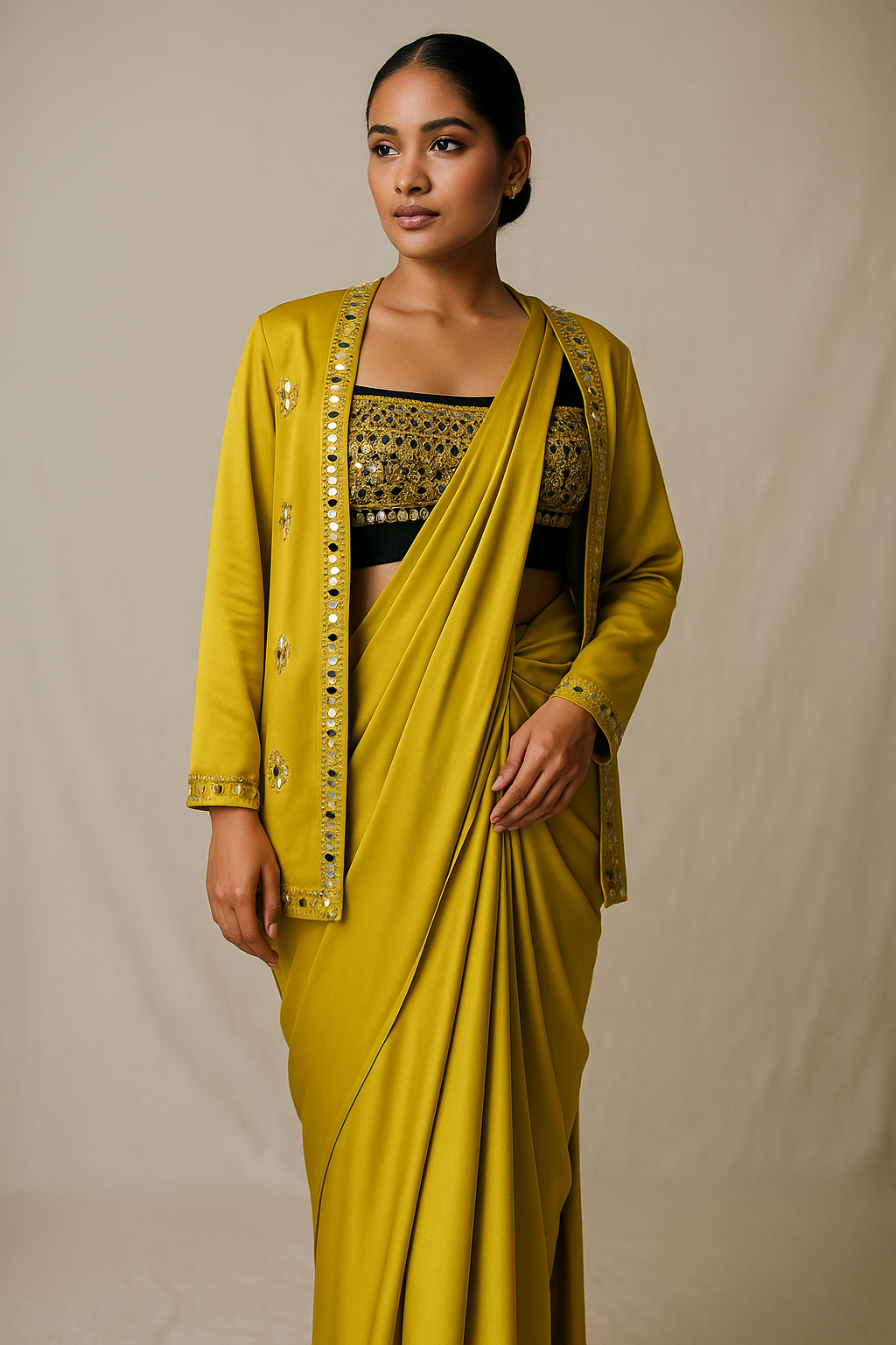 Marigold Glow Draped Saree and Jacket Set