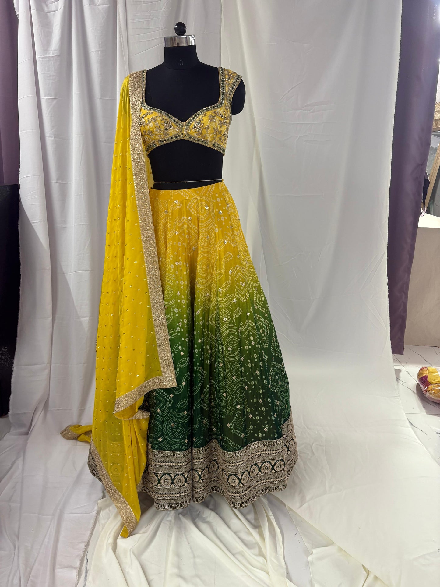 Regal Radiance Bandhej Lehenga Set - Lime Green