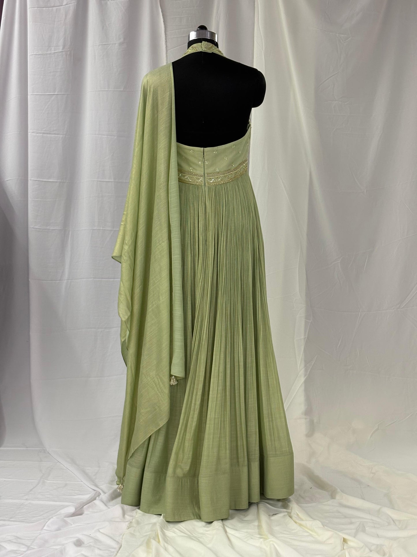 Olive Green Halter Anarkali Gown with Cape